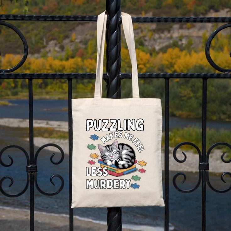 Puzzling Makes Me Feel Less Murdery Introvert Puzzle Cat Canvas Tote Bag