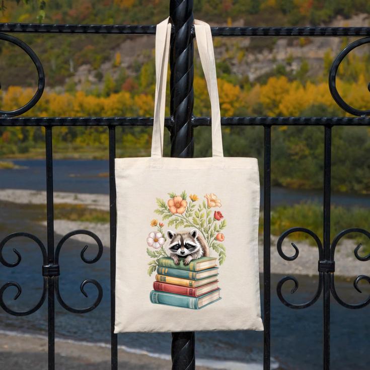 Raccoon Books Reading Flowers Canvas Tote Bag