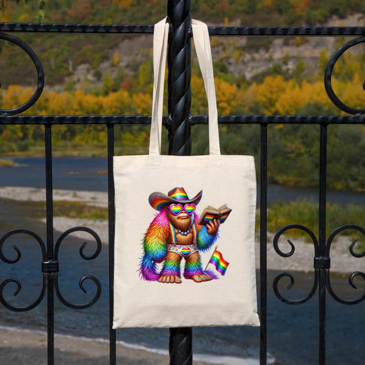 Rainbow Pride Bigfoot Reading Book With Heart Glasses Canvas Tote Bag