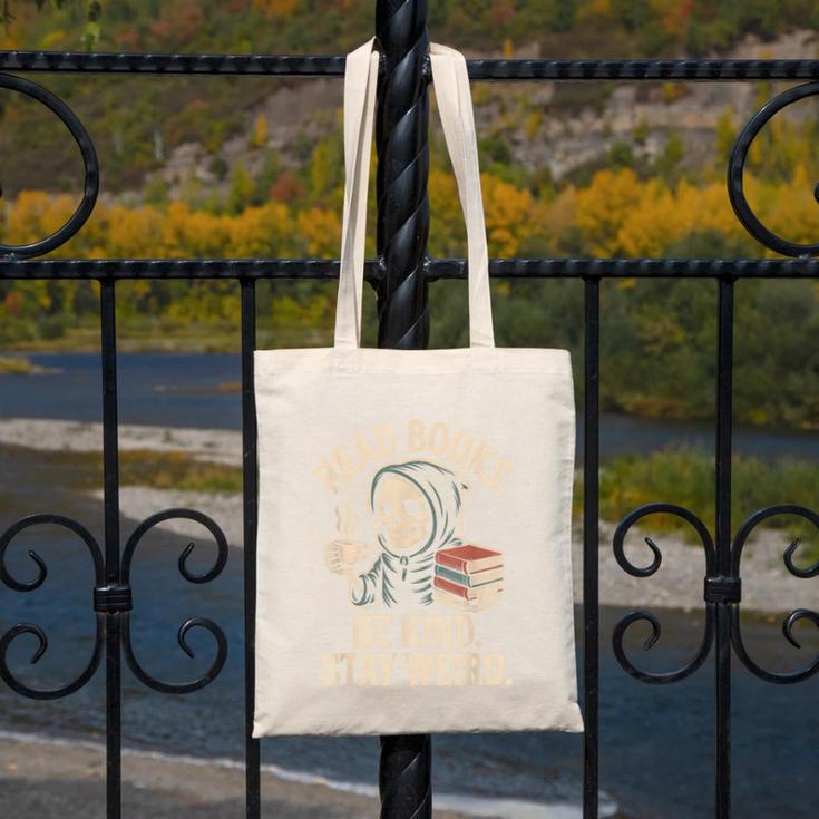 Read Books Be Kind Stay Weird Skeleton Grim Reaper Reading Canvas Tote Bag
