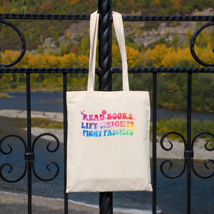 Read Books Lift Weights Fight Fascists Tie Dye Men Women Canvas Tote Bag