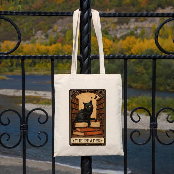 The Reader Cat Book Reading Halloween Tarot Card Canvas Tote Bag