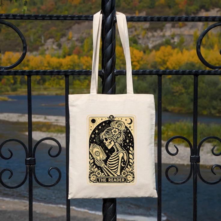 The Reader Tarot Card Book Lover Skeleton Reading Book Canvas Tote Bag