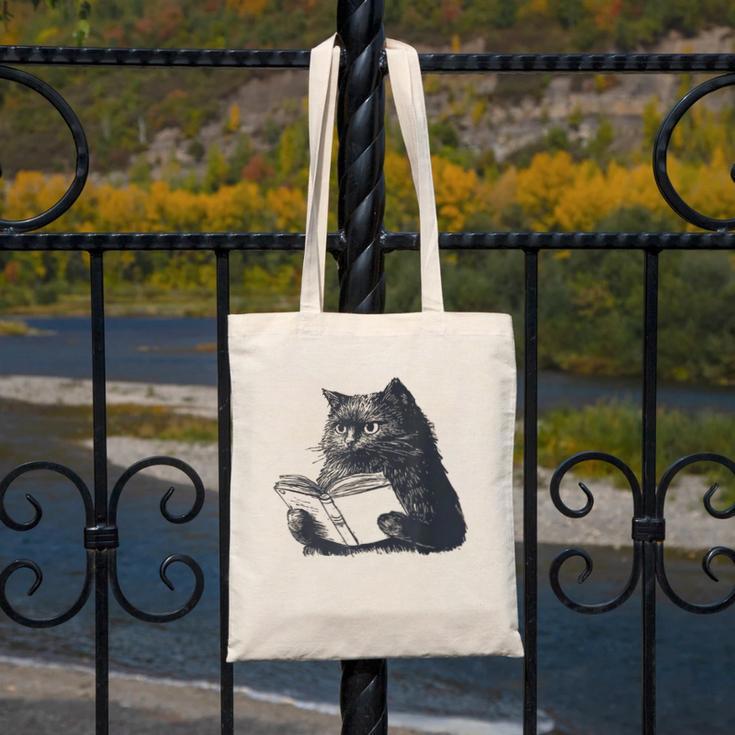 Reading Cat Cat Book Lover Canvas Tote Bag