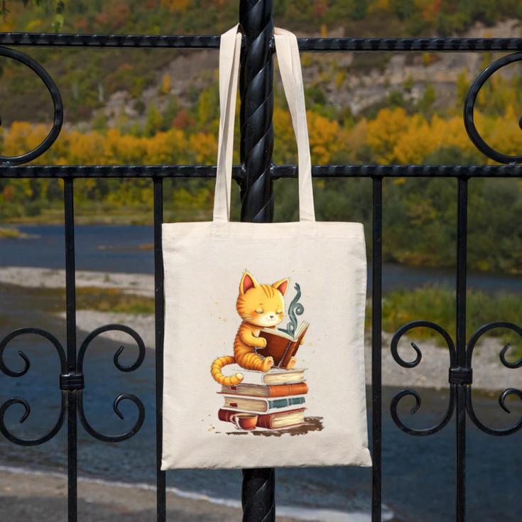 Reading Cat Books Cute Canvas Tote Bag
