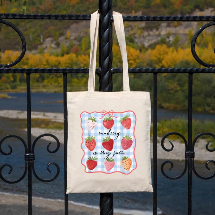 Reading Is My Jam Preppy Stawberry Bookworm Book Lover Nerd Canvas Tote Bag Reading Is My Jam Preppy Stawberry Bookworm Book Lover Nerd Canvas Tote Bag