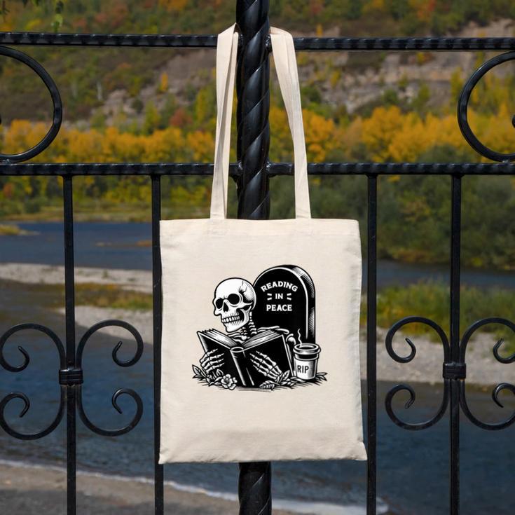 READING IN PEACE RIP Introvert Skeleton Read Book Meme Canvas Tote Bag READING IN PEACE RIP Introvert Skeleton Read Book Meme Canvas Tote Bag