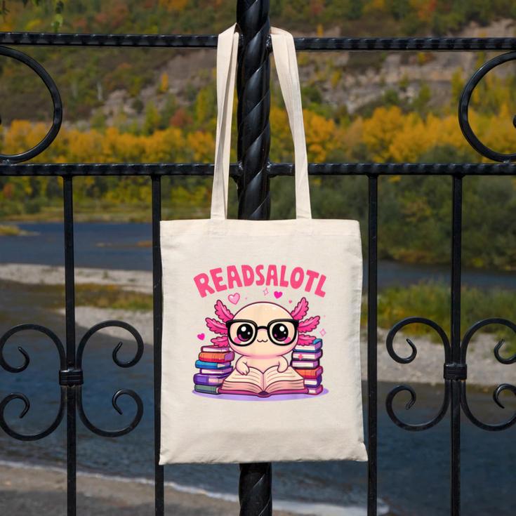 Readsolotl Pink Kawaii Axolotl Book Lover Reading Canvas Tote Bag