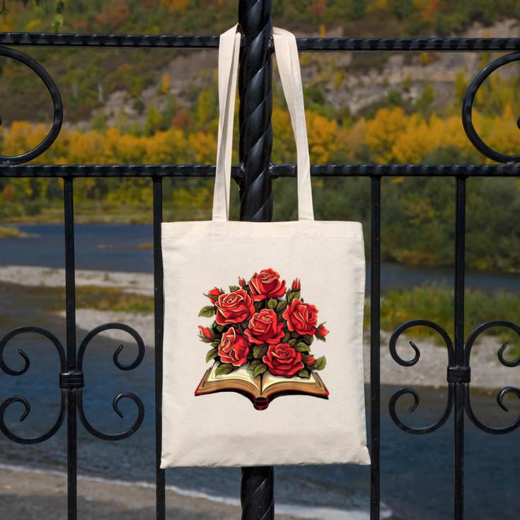 Red Roses Flowers Book Floral Canvas Tote Bag Red Roses Flowers Book Floral Canvas Tote Bag
