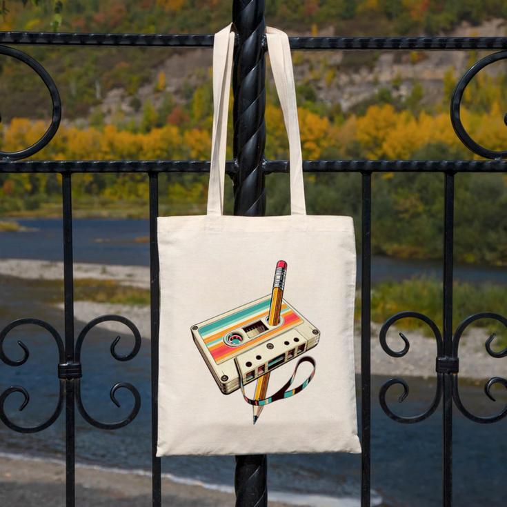 Retro Cassette Tape & Pencil Rewind Nostalgia Party 80s 90s Premium Canvas Tote Bag