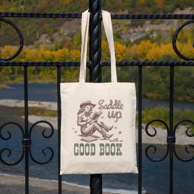 Retro Cowgirl ReadingTee Saddle Up With A Good Book Western Canvas Tote Bag