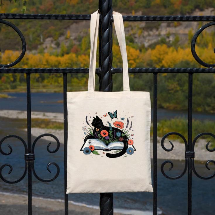 Retro Cute Cat Floral Book Librarian Vintage Floral Cat Book Canvas Tote Bag