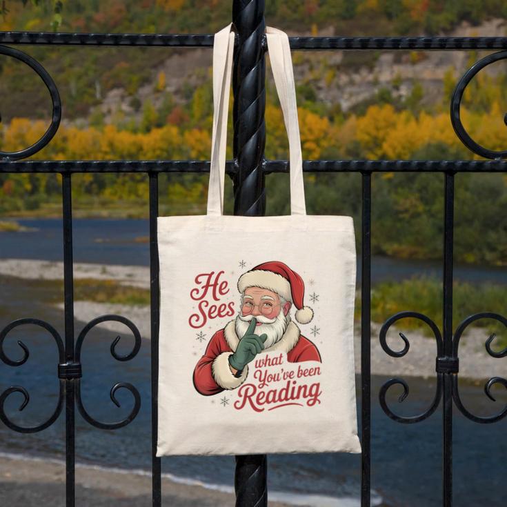 He Sees What You'Ve Been Reading Bookish Christmas Humor Canvas Tote Bag
