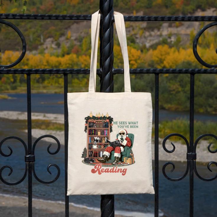 He Sees What You'Ve Been Reading Santa Christmas Bookish Canvas Tote Bag