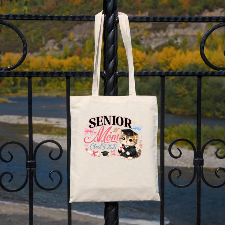 Senior Mom Class Of 2027 Cute Cat Graduation Pink Bows Girls Canvas Tote Bag