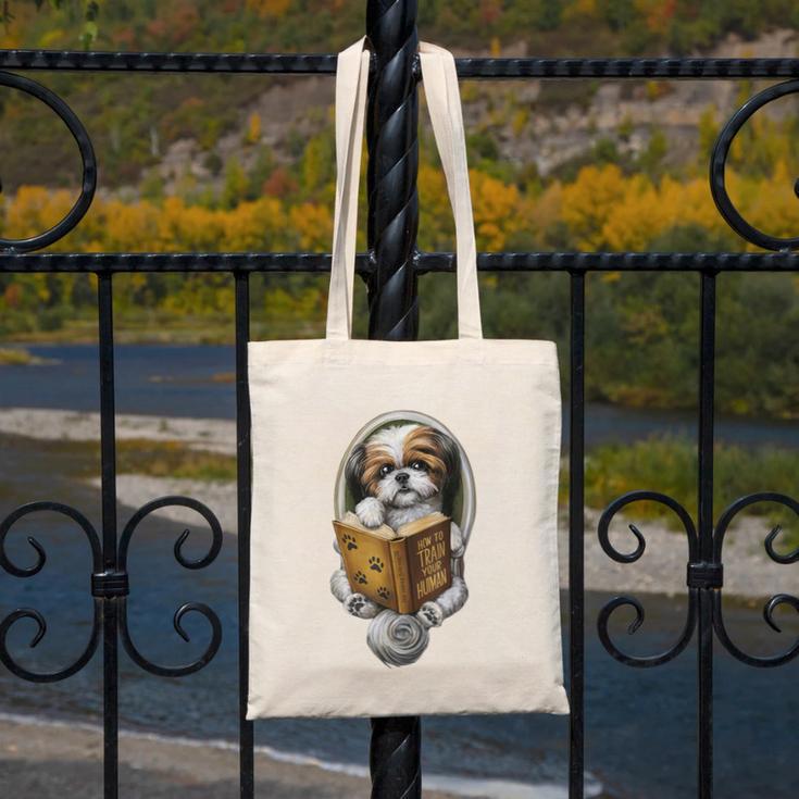 Shih Tzu Book How To Train Your Human Funny Dog Motif Canvas Tote Bag