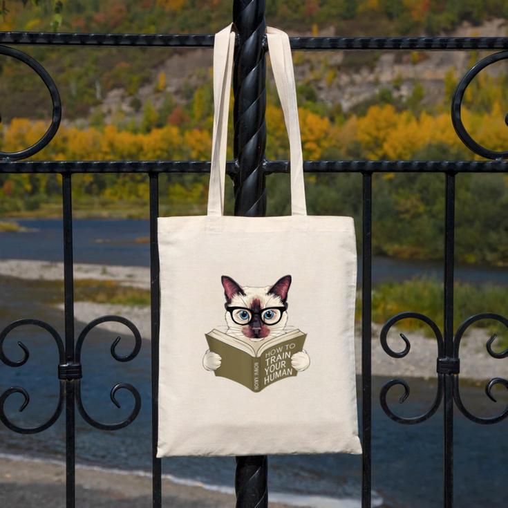 Siamese Cat Reading Book How To Train Your Human Humorous Canvas Tote Bag