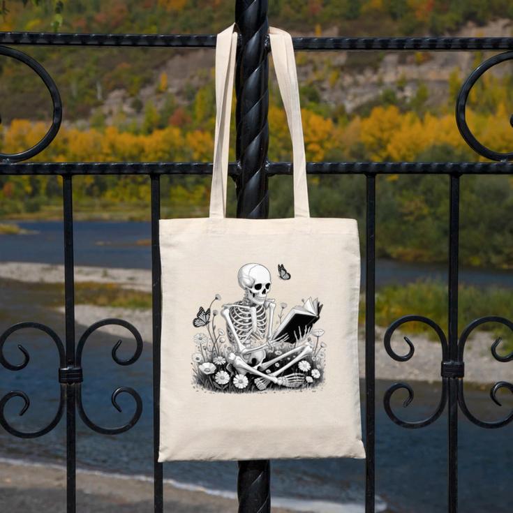 Skeleton Reading Book Floral Dark For Book Lovers Canvas Tote Bag