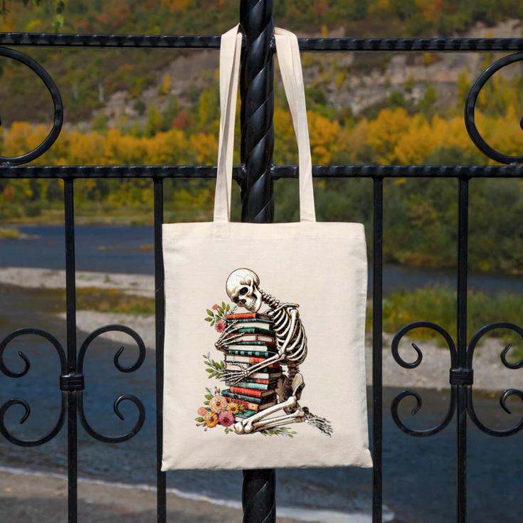 Skeleton Reading Book Halloween Bookworm Bibliophile Reader Canvas Tote Bag
