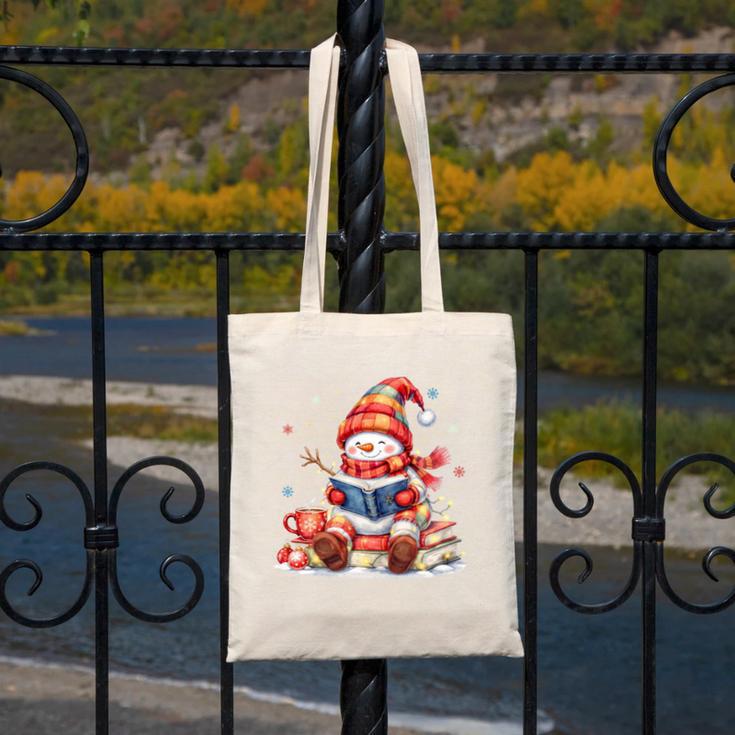 Snowman Reading Books Lovers Christmas Librarian Bookworm Canvas Tote Bag