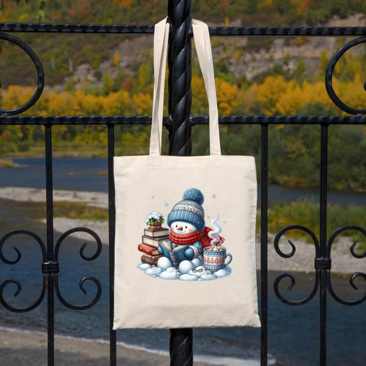 Snowman Reading Books Lovers Librarian Bookworm Christmas Canvas Tote Bag