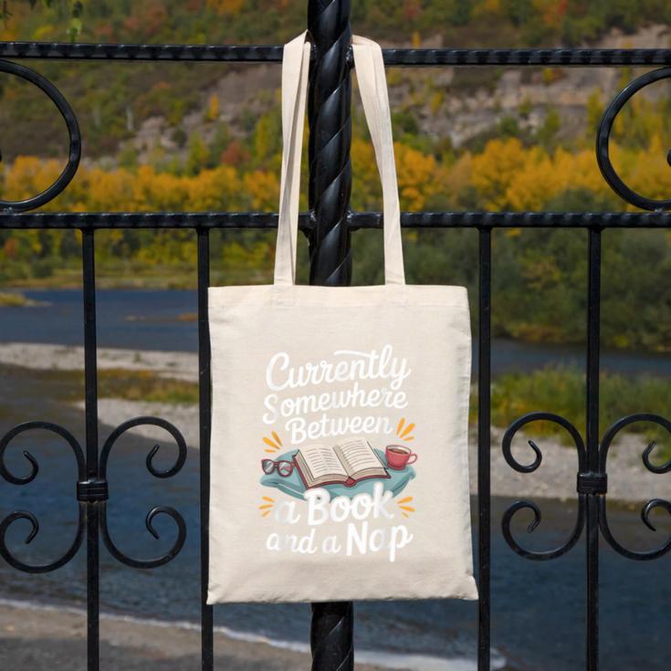 Somewhere Between a Book And a Nap – Cozy Reading Canvas Tote Bag