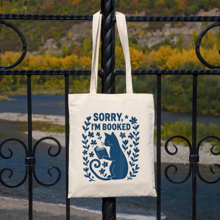 Sorry I'm Booked Cat Reading Book Boho Flowers Vintage Canvas Tote Bag