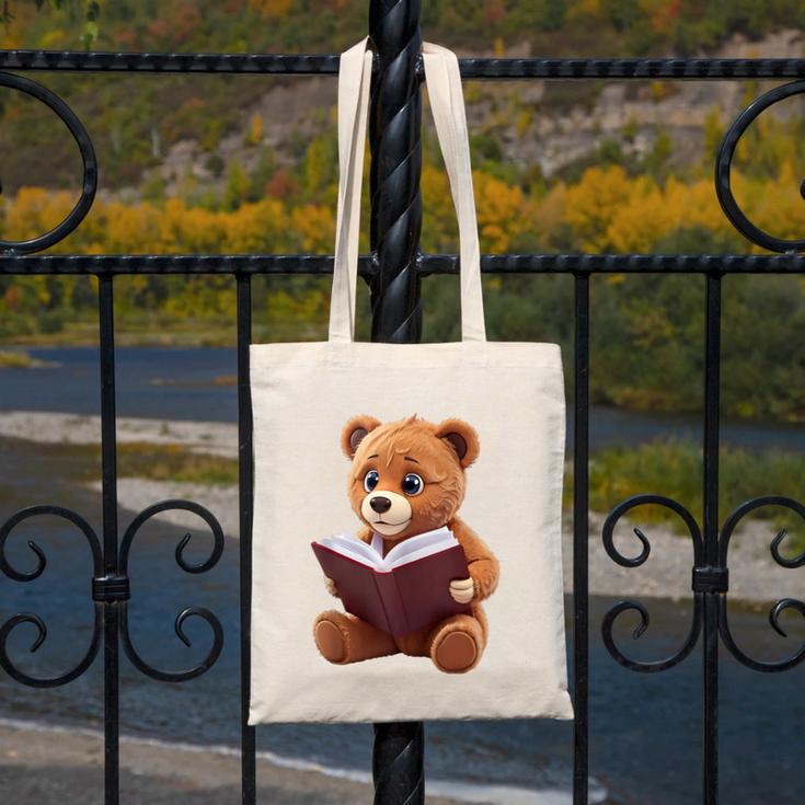 Teddy Bear Reading a Book Canvas Tote Bag