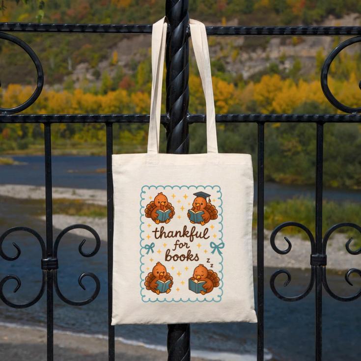 Thankful For Books Turkey Reading Book Lovers Fall Teacher Canvas Tote Bag