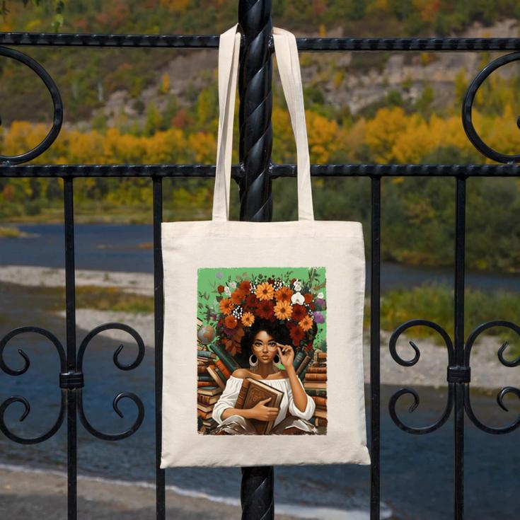 History Month Black Afro Girl Women Book Lovers Floral Canvas Tote Bag