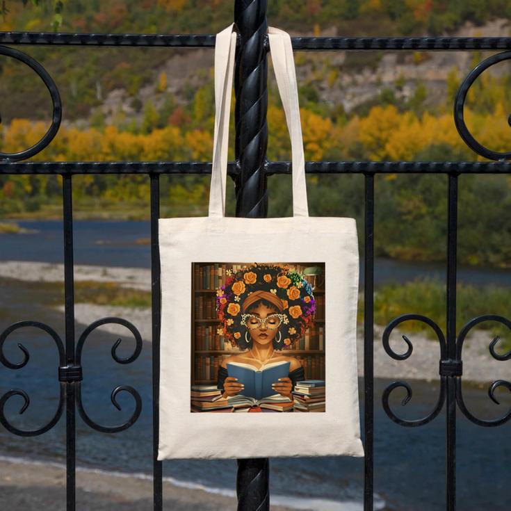 History Month Black Afro Girl Women Book Lovers Flower Canvas Tote Bag