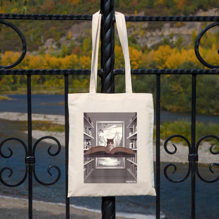 Totally Weird Tees Cat Library Book Reading Literary Canvas Tote Bag