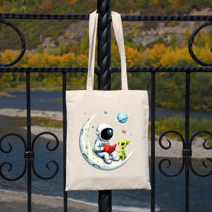 UFO Alien Astronaut Reading Book In Space Canvas Tote Bag UFO Alien Astronaut Reading Book In Space Canvas Tote Bag