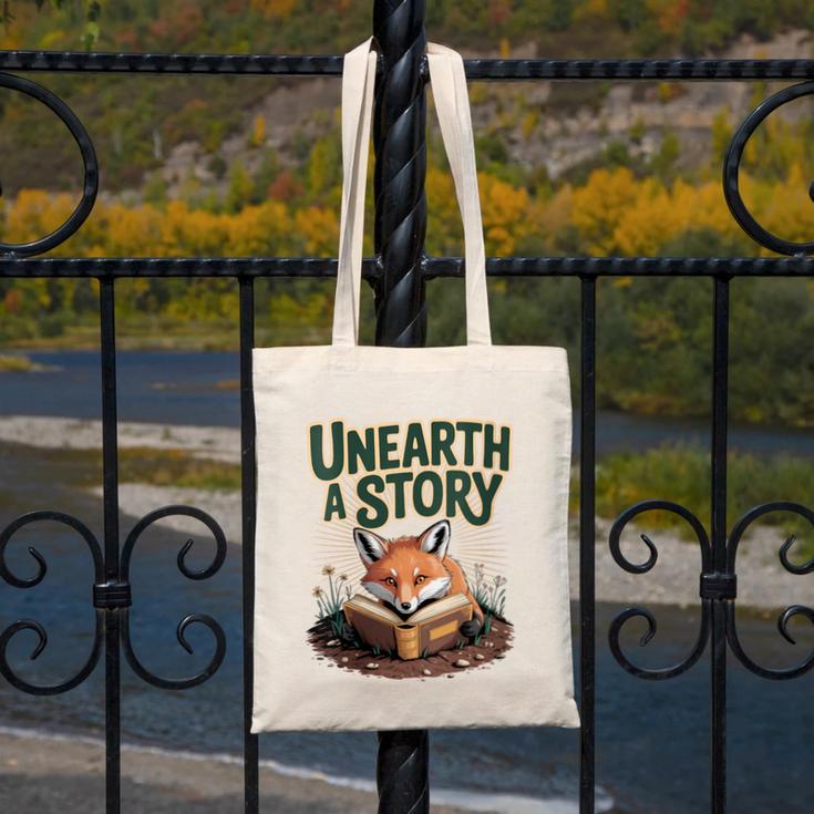 Unearth A Story Fox Reads a Book Canvas Tote Bag