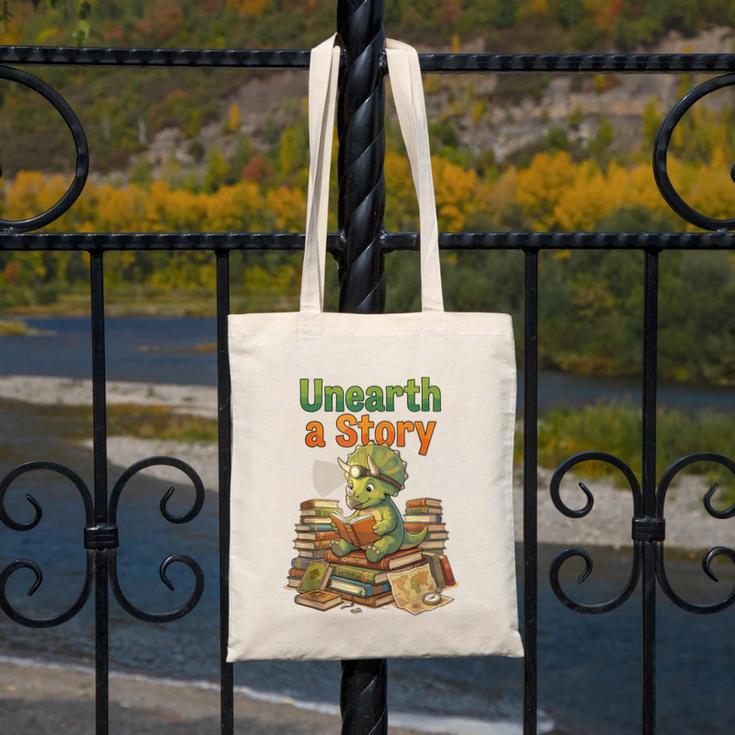 Unearth a Story Triceratops Dinosaur Reading Books Cute Dino Canvas Tote Bag Unearth a Story Triceratops Dinosaur Reading Books Cute Dino Canvas Tote Bag