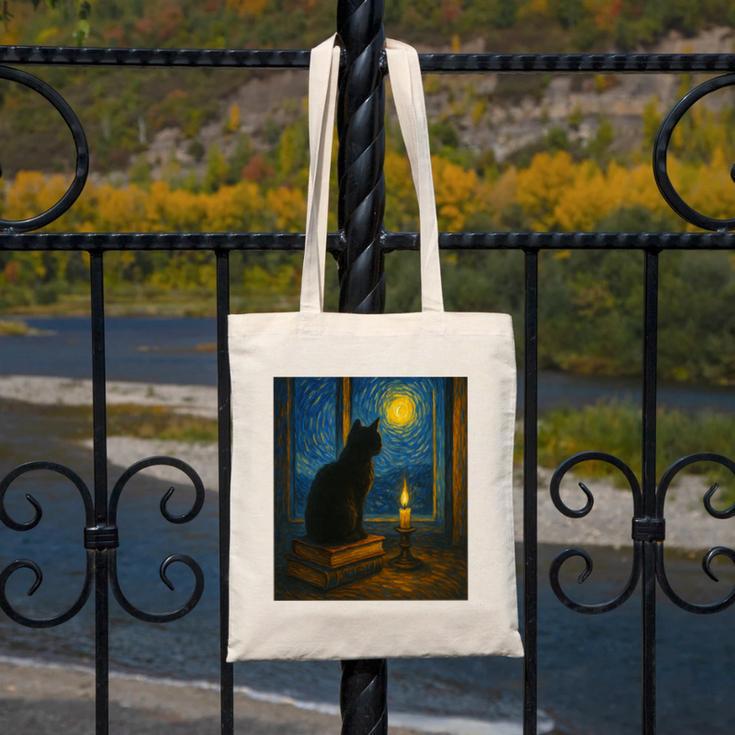 Van Gogh Starry Night Art Cat And Book Lovers Premium Tri-Blend Canvas Tote Bag