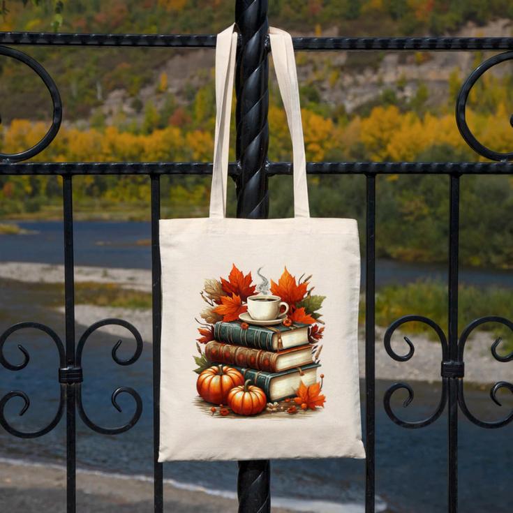 Vintage Autumn Books Coffee Pumpkin Fall Reading Canvas Tote Bag