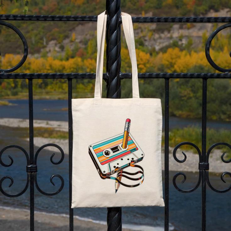 Vintage Cassette Tape And Pencil Nostalgia Party 70s 80s 90s Premium Canvas Tote Bag