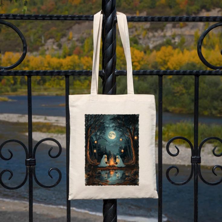 Vintage Ghost Book Reading Camping Gothic Halloween Teachers Canvas Tote Bag