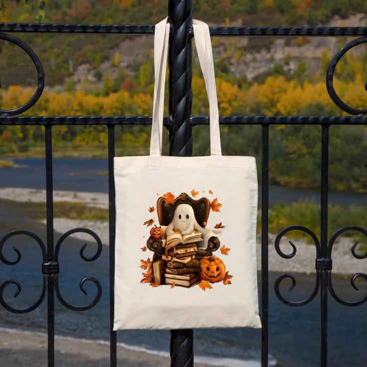Vintage Ghost Book Reading Pumpkin Gothic Halloween Teachers Canvas Tote Bag