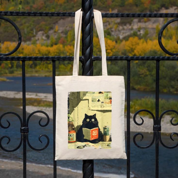 Vintage Japanese Cat Book Lovers Librarian Cat Dad Teacher Canvas Tote Bag