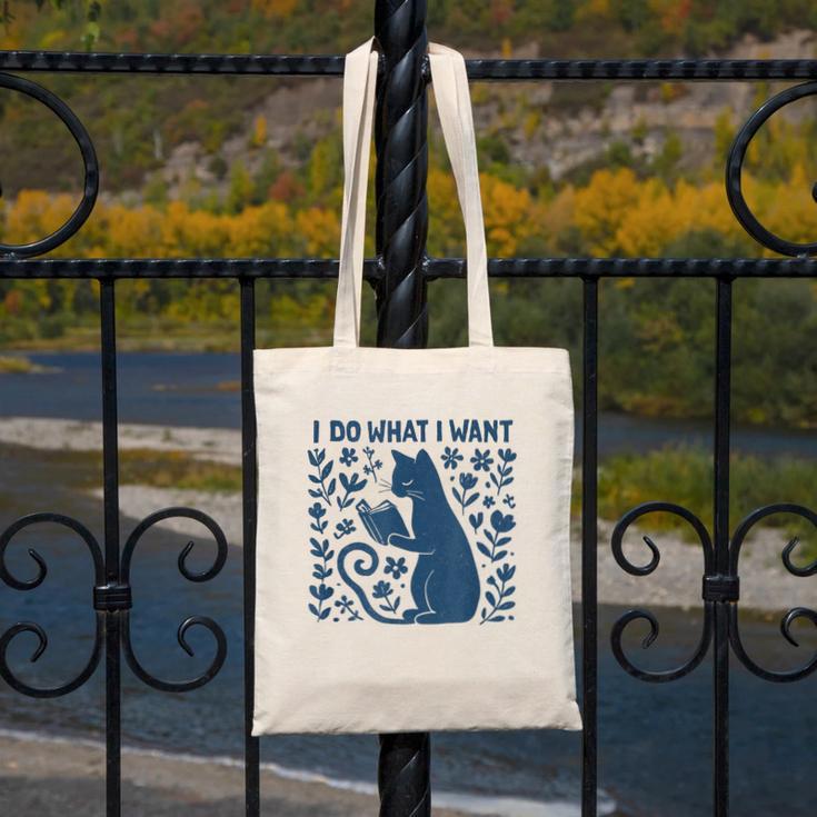I Do What I Want Cat Reading Book Boho Flowers Vintage Canvas Tote Bag