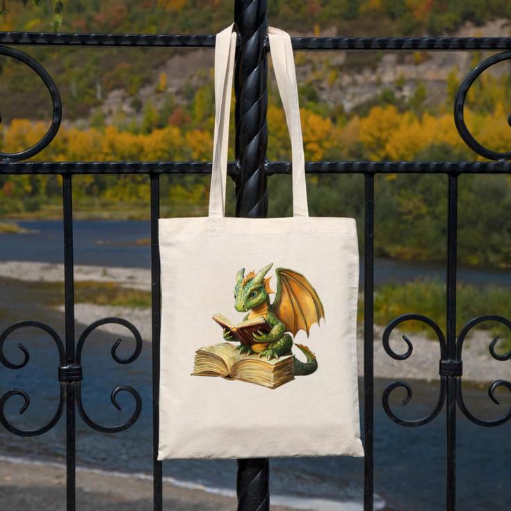 Women's Dragon Bookworm Reading Book Graphic Canvas Tote Bag