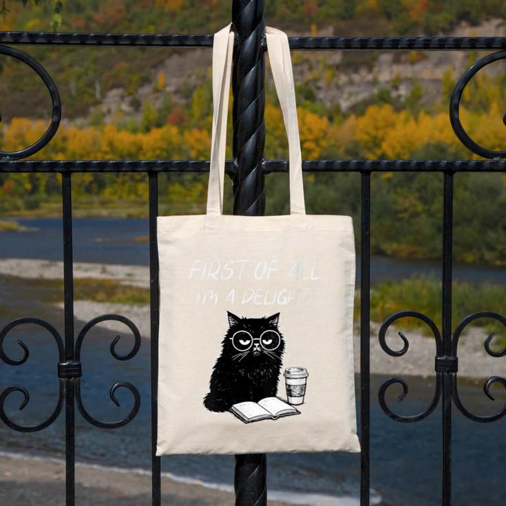 Women's First Of All I’m A Delight Cute Cat Books Coffee Humor Canvas Tote Bag