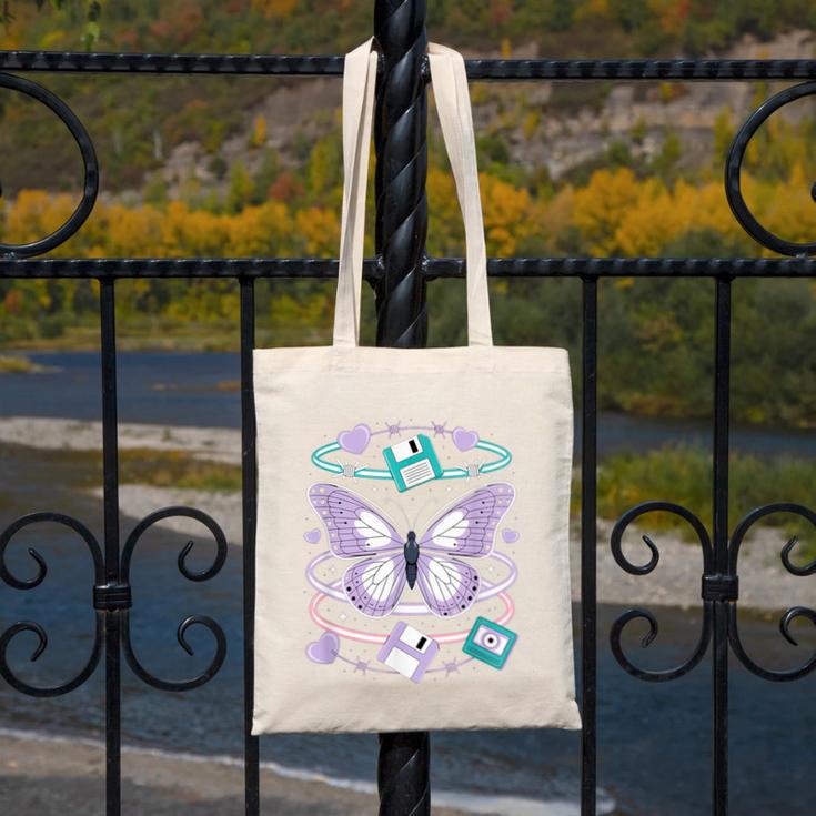 Y2K Butterfly Floppy Disk Art Digital Nostalgia Canvas Tote Bag