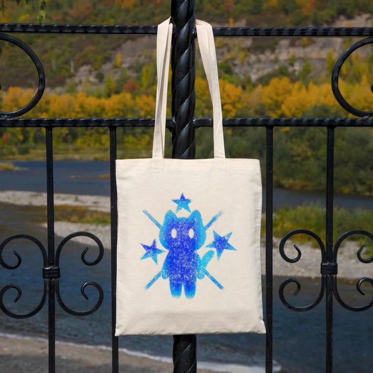 Yk2 Grunge Earthy Blue Cat With Stars Tomboy 90s Nostalgia Premium Tri-Blend Canvas Tote Bag