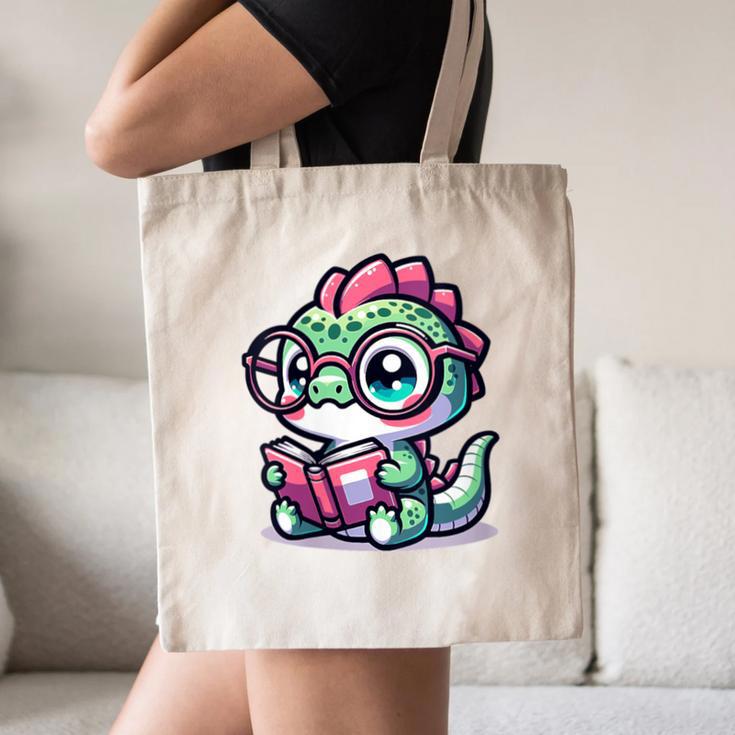 Adorable Book Lover Basilisk With Reading Glasses Cute Canvas Tote Bag