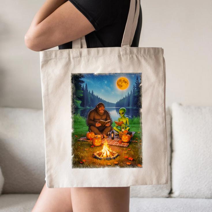 Bigfoot And Alien Reading Books Campfire Halloween Canvas Tote Bag