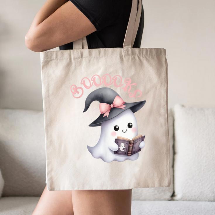 Boo Ghost Books Coquette Bow Halloween Women School Teacher Canvas Tote Bag