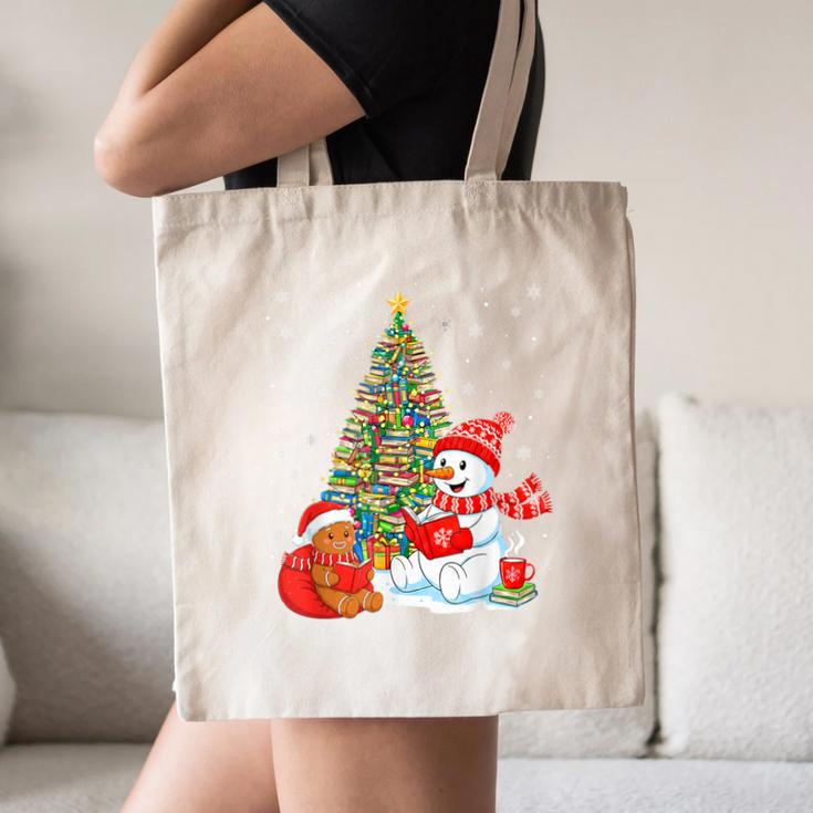 Book Christmas Tree Bookworm Gingerbread Man Snowman Reading Canvas Tote Bag